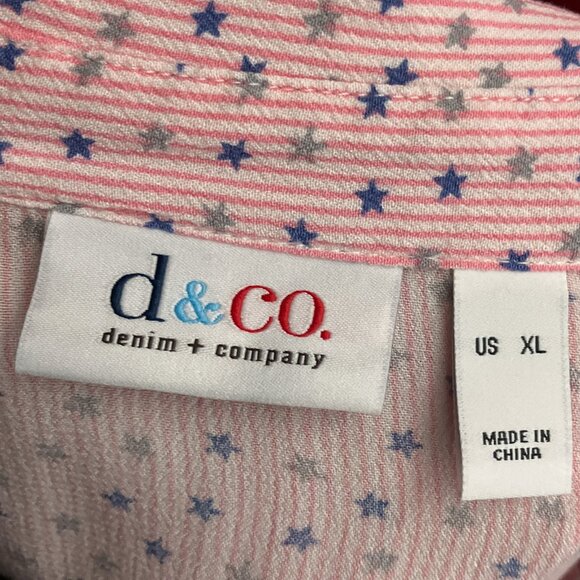 Denim & Co Size XL Pink Striped Star‎ Print Collared 3/4 Sleeve Rayon Peplum Top - Picture 4 of 5